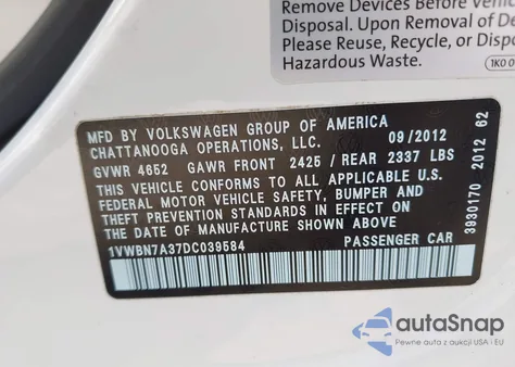 2013 Volkswagen Passat 2.0L Tdi Se from USA, damaged, VIN 1VWBN7A37DC039584